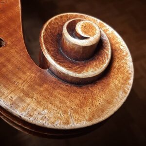 Cello scroll antiqued style, by Milos Seyda